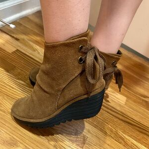 Fly London Lace Yebi back booties brown camel women’s 7.5